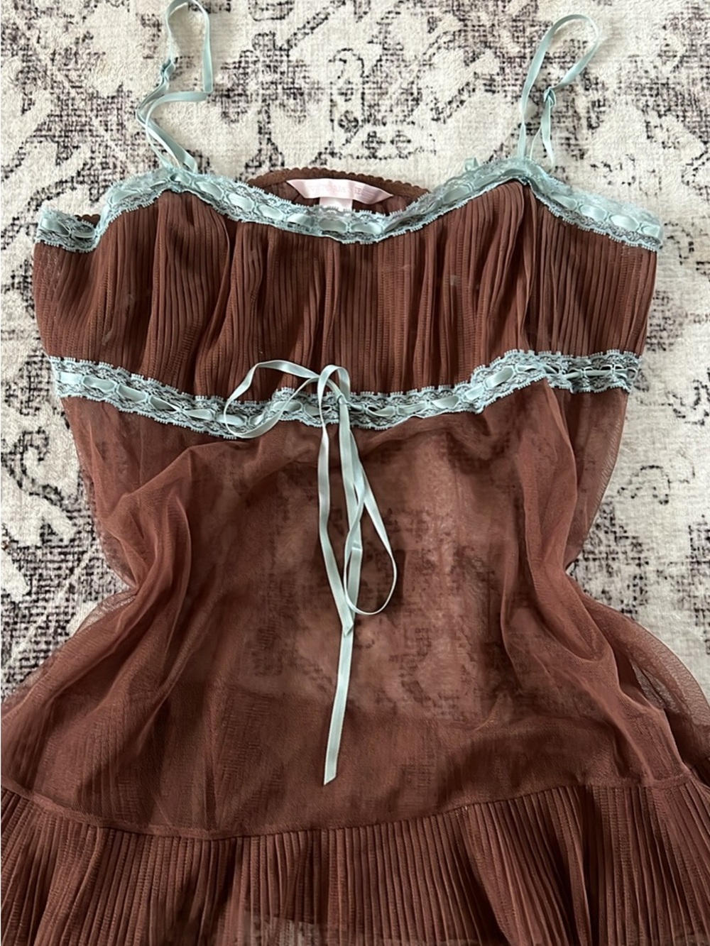 VINTAGE Victoria's Secret brown sheer cami S blue lace trim